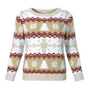 Holiday Girls Ugly Christmas Sweater Size M 7-8 Tan Red White Trees Snowflakes